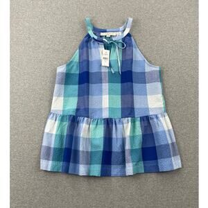 NWT LOFT Tank Top Womens XS Blue Plaid Peplum Sleeveless Blouse Halter Tie Front